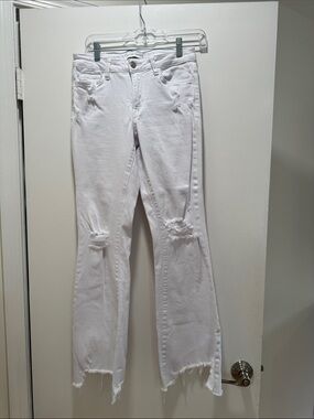 Flying Monkey White Distressed Flare Jeans with Raw Hem
